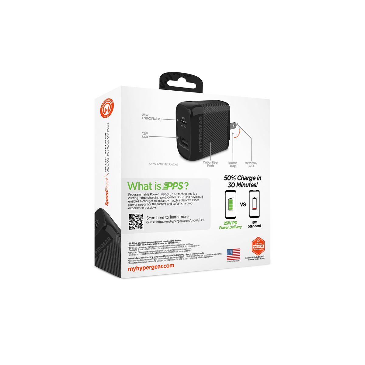 HyperGear SpeedBoost 25W USB-C PD + 12W USB Fast Wall Charger with PPS
