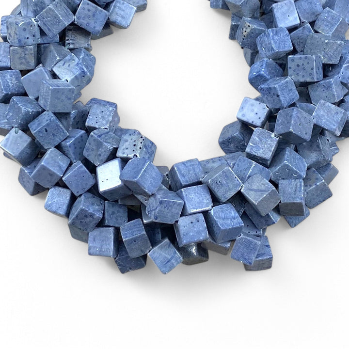 Natural Blue Coral Side Hole Cube 8-9mm 12-13mm